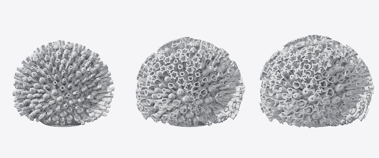 Three renders of the same white Bloom lamp: closed buds at month 0, petals opening at month 6, and full grown at month 12.