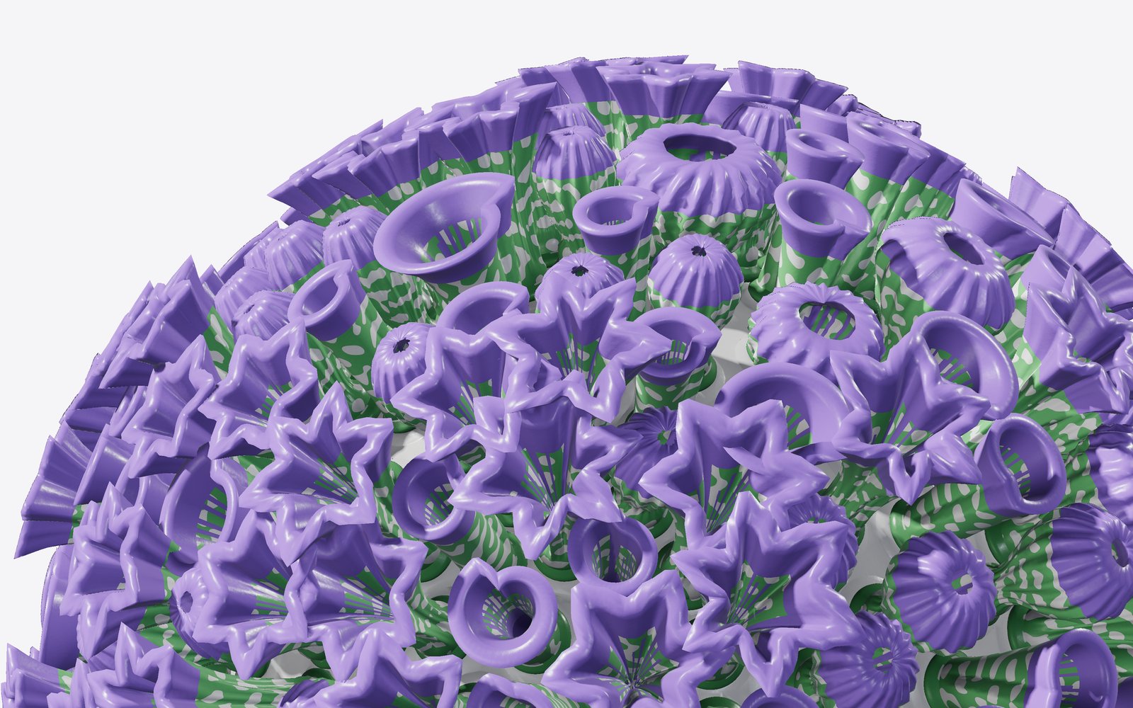 Close-up render of Bloom lamp petals in purple and green, with pale vines painted along them.