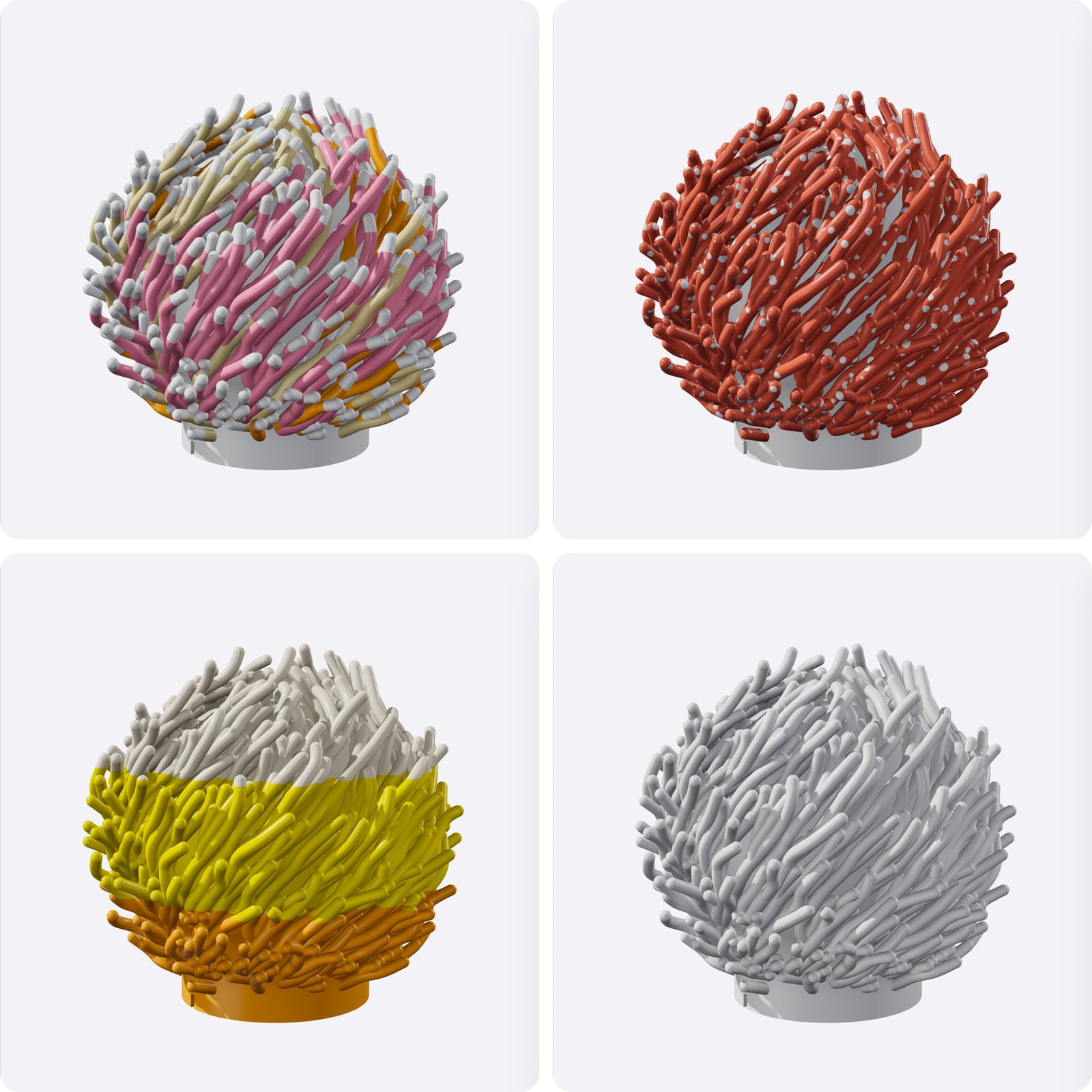 Vier gerenderte Ansichten der Lampe Koralle: rosa, goldene und beigefarbene Zweige; rote Zweige mit weißen Punkten; gelbe und orangefarbene Streifen; und schlichtes Weiß.