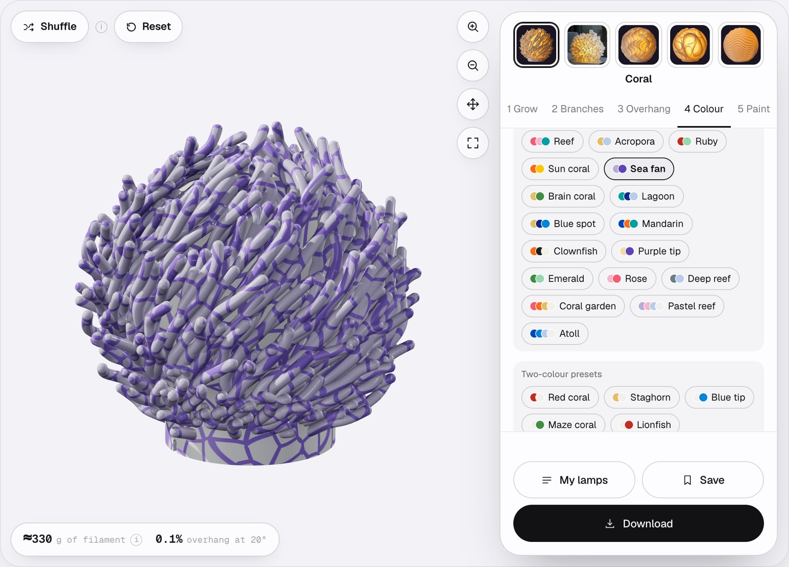 Der Schritt „Farbe“ mit dem Stil „Organisch“, seinen organischen und zweifarbigen Vorlagen und einer violetten Koralle in der Vorlage Seefächer.