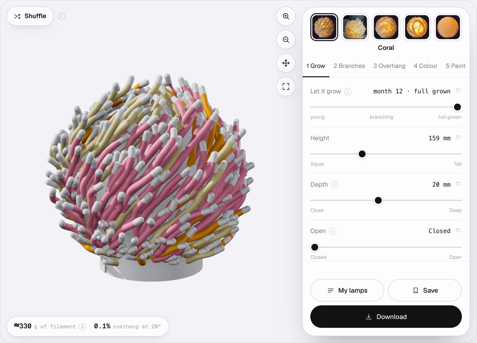 Das Studio mit gewählter Lampe Koralle: die Lampe in der 3D-Ansicht und das Bedienfeld mit den fünf Schritten Wachsen, Zweige, Überhang, Farbe und Malen.