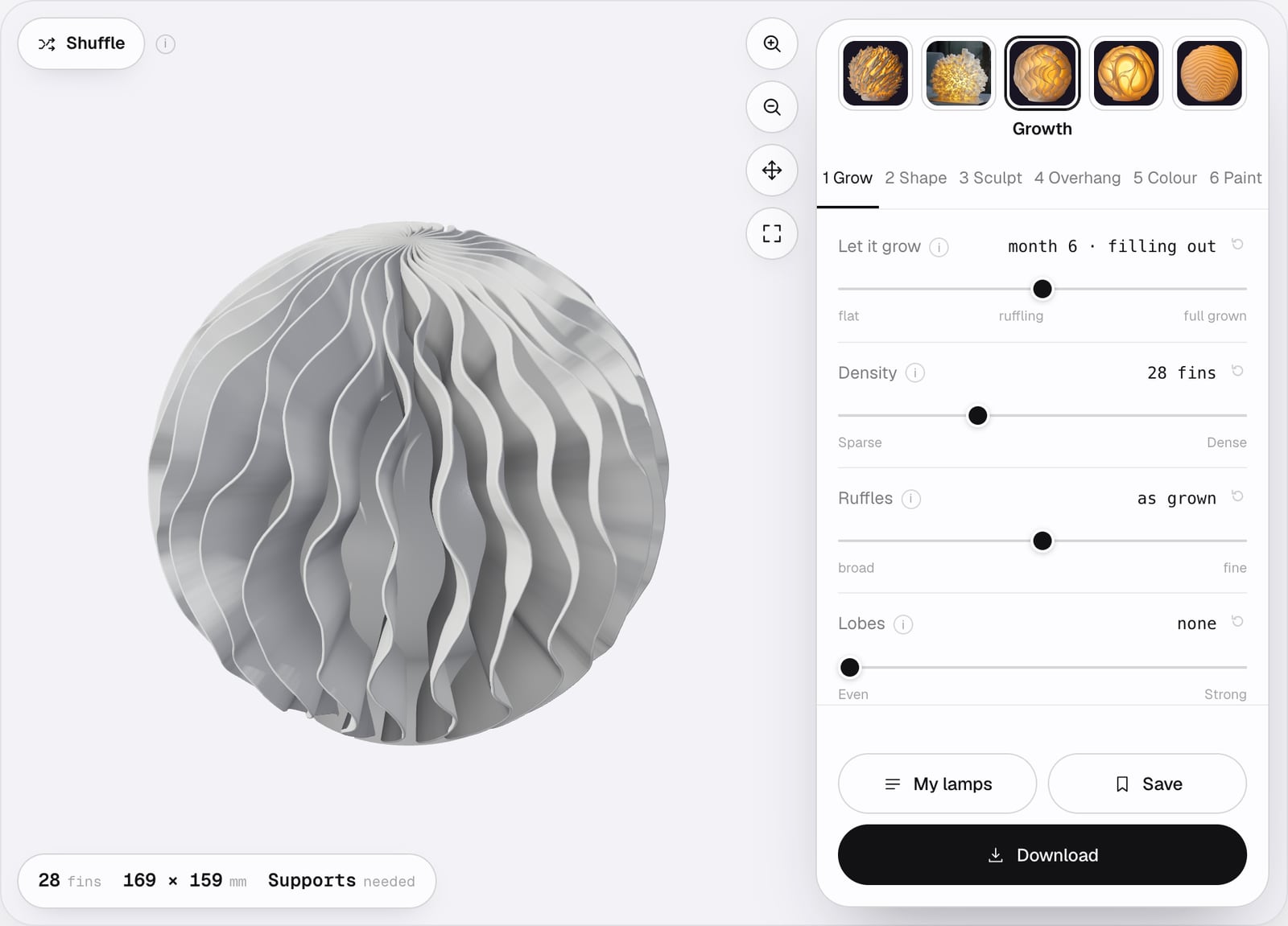 グロースランプを選んだスタジオ。3Dビューにランプが表示され、パネルには「育てる」「形」「スカルプト」「オーバーハング」「カラー」「ペイント」の6つのステップが並んでいる。